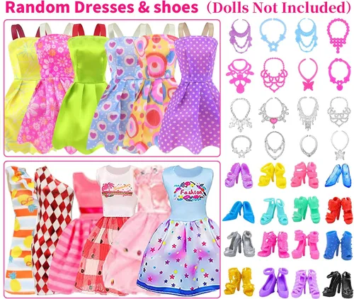 Miniatura 6 de Ecore Fun 39 piezas de ropa y accesorios para muñecas, 3 vestidos de moda, 10 vestidos deslizantes, 3 tops, 3 pantalones, 10 collares, 10 zapatos