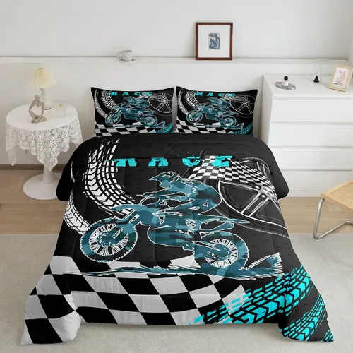 Miniatura 26 de Erosebridal Juego de edredón individual de motocicleta de carreras para niños, juego de ropa de cama de panal con luces de neón azules, motocross