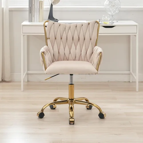Miniatura 2 de Westice Silla de Escritorio de Terciopelo, Silla Cómoda Dorada para Oficina en Casa con Respaldo Tejido a Mano, Silla Giratoria de Altura Ajustable