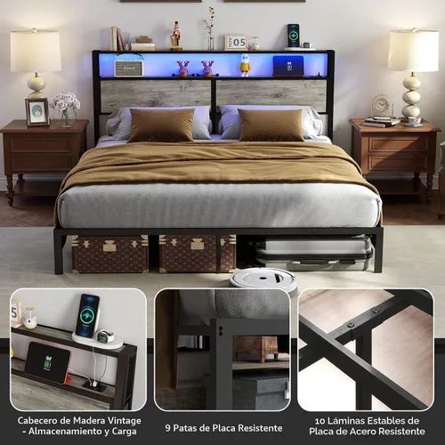 Miniatura 5 de Base de cama tamaño King con cabecero, estructura de cama de plataforma metálica con luces LED y estación de carga, almacenamiento debajo de la gris