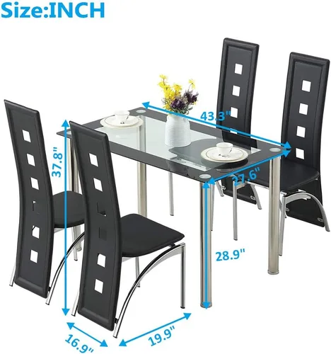 Miniatura 6 de Juego de mesa de comedor de 5 piezas, moderno juego de mesa de comedor negro para 4, mesa de comedor de cocina de vidrio templado con 4 sillas