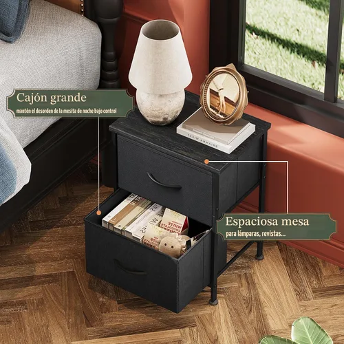 Miniatura 4 de WLIVE Mesita de noche negra, cómoda pequeña con 2 cajones y superficie de madera, mesita de noche con cestas de tela, mesa de cabecera mesa auxiliar