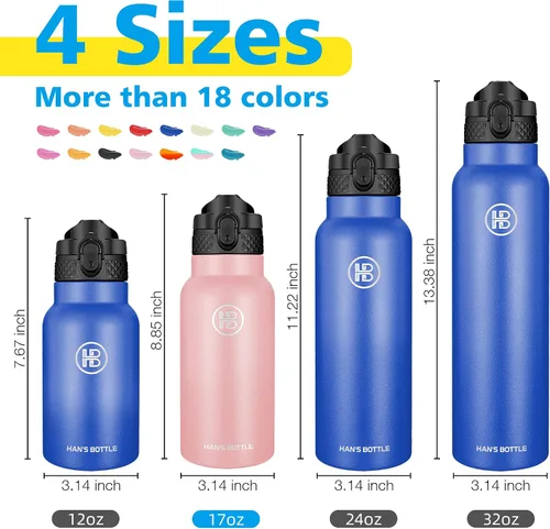 Miniatura 2 de Han's Bottle - Botella de agua para niños con tapa con pajilla - Vaso reutilizable de acero inoxidable aislado para niñas, niños, taza térmica, 17