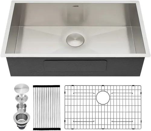 Miniatura 20 de Kichae fregadero de cocina bajo encimera de 32 pulgadas, de un solo tazón, de acero inoxidable, calibre 16, de esquina redonda, hecho a mano
