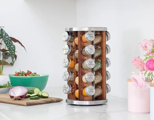 Miniatura 3 de Orii Repisa para 20 tarros de madera de acacia oscura con especias incluidas - Organizador giratorio en torre para especias y condimentos de cocina