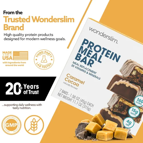 Miniatura 7 de Barra de proteínas WonderSlim para reemplazo de comida, Caramelo y Cacao, 15g de proteína, 20 vitaminas y minerales, sin gluten (7 unidades)
