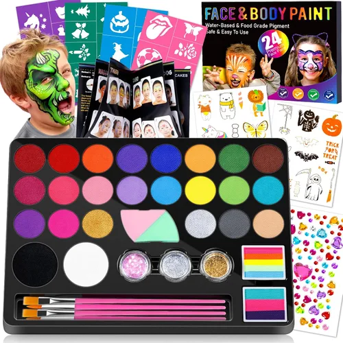 Miniatura 9 de Kit de pintura facial Drawdart para niños - 15 colores de pintura facial no tóxica a base de agua con plantillas y brochas - Kit de maquillaje