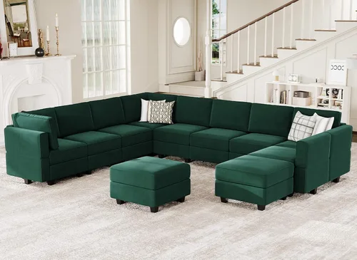 Miniatura 17 de Belffin Sofá modular modular con asiento de almacenamiento, sofá en forma de U de gran tamaño, sofá modular de terciopelo con terciopelo otomano