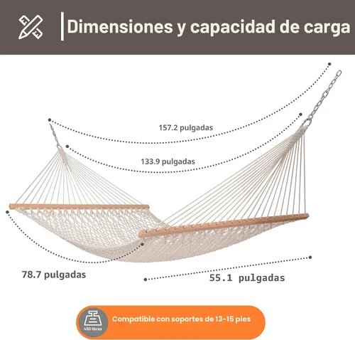 Miniatura 2 de SUNCREAT Hamaca doble de cuerda tradicional Hamaca doble con barra esparcidora de madera dura y bolsa de transporte, capacidad de 450 libras, natural