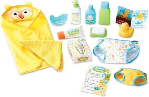 Melissa & Doug Mine to Love - Juego de cambio y baño para muñecas – Pañales, champú de simulación, toallitas, toalla, más (19 piezas)
