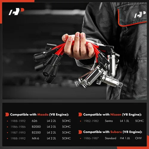 Miniatura 2 de A-Premium Juego de 5 cables de bujía de encendido compatibles con Nissan Sentra 1982 y Mazda MX-6 626 1988-1992, B2000 1986, B2200 1987-1993