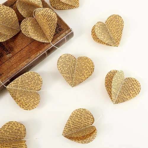 4 paquetes de guirnalda de corazón 3D vintage con páginas recicladas de libro, guirnalda de periódico, adorno para fiesta, guardería, hilo,
