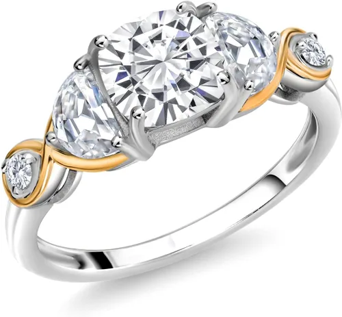 Gem Stone King Anillo de compromiso de 3 piedras de plata 925 y oro amarillo de 10 quilates y moissanita de media luna y diamante blanco cultivado