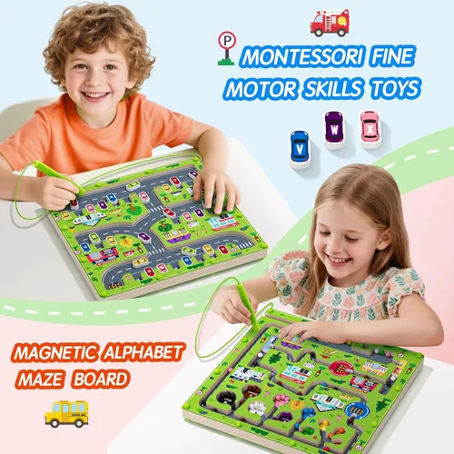 Miniatura 8 de rifamee Laberinto magnético 2 en 1 de color y números con imán de alfabeto y conteo, tablero de doble cara, rompecabezas de madera, habilidades