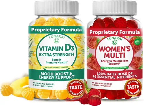 Lunakai Paquete de gomitas de vitamina D3 y gomitas multivitamínicas para mujer, suplemento de inmunidad, huesos y estado de ánimo, 100% valor