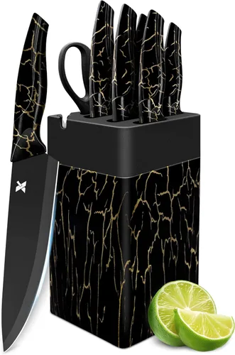 Juego de cuchillos de cocina de 8 piezas, acero inoxidable alemán de alto carbono, cubiertos aptos para lavavajillas con afilador, color negro