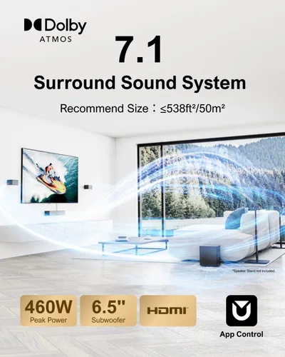 Miniatura 4 de ULTIMEA Sistema de sonido envolvente 7.1 para TV con Dolby Atmos, barra de sonido de 460 W para TV con subwoofer de 6.5 pulgadas, control por