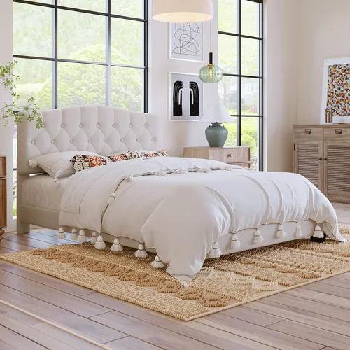 Miniatura 3 de DSHADE Base de cama Queen con plataforma tapizada de lino moderno, base de cama de madera maciza beige con cabecero, detalles capitoné de diamante