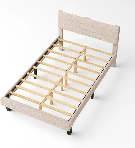 Miniatura 9 de VINGLI Base de cama individual para niños, cama de plataforma tapizada Boucle con cabecera ajustable, soporte de listones de madera resistente, cama
