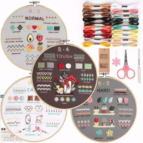 Lecqizu Kit de bordado para adultos, juego de iniciación para principiantes, paquete de 4, 33 técnicas de puntada