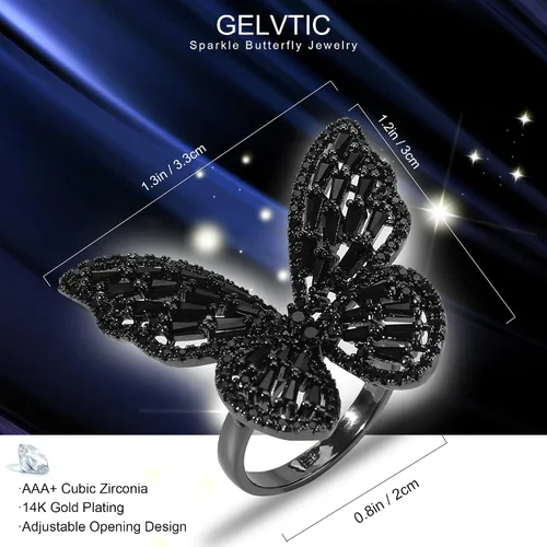 Miniatura 5 de Anillos de mariposa de diamantes de imitación para mujer, anillo de cóctel dorado ajustable, circonita cúbica, cristal brillante, lazo plateado