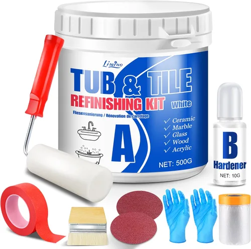 Miniatura 8 de Kit de reacabado de bañera y azulejos, pintura blanca semibrillante de 35 onzas con herramientas para bañera, fregadero y encimera para baño