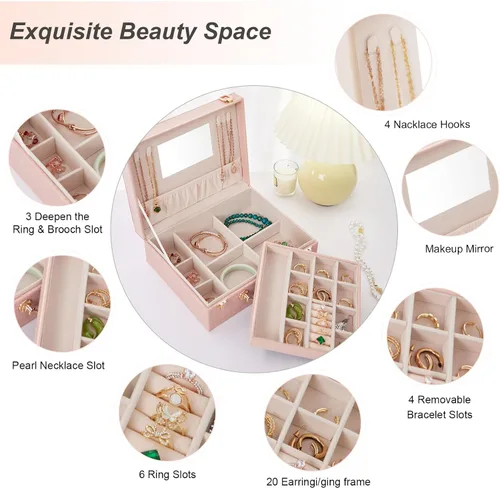 Miniatura 3 de Joyero portátil para mujeres y niñas con piel sintética, caja organizadora de aretes con espejo de maquillaje para regalos de Navidad y Año Nuevo