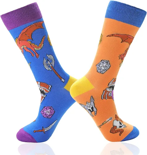 2 pares de calcetines divertidos de fantasía de Calabozos y Dragones para hombres, regalos DND, calcetines para hombre, regalos de dragón, mímica,