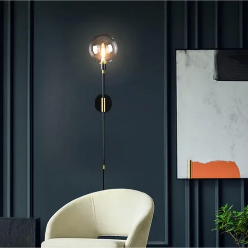 Miniatura 5 de KCO Apliques de pared con enchufe de 1 luz, cable de interruptor de encendido/apagado, lámpara de pared moderna negra con brazo largo de globo