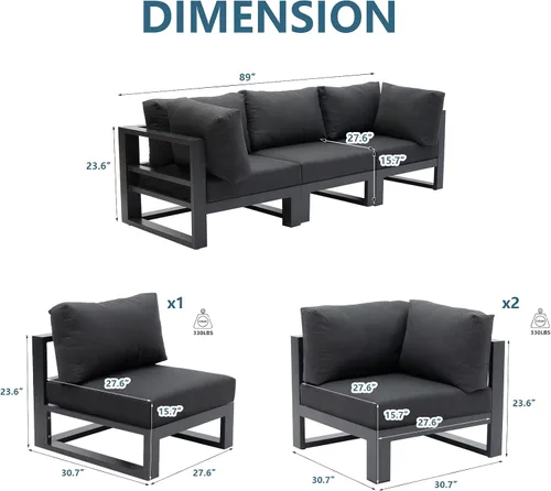 Miniatura 5 de Moderno sofá modular de 3 plazas para exteriores, juego de sofá de conversación para jardín, patio, cojines gris oscuro