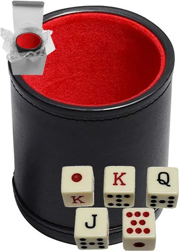 Juego de dados de póker de 16 mm con esquinas cuadradas y taza de dados de cuero PU negro forrada de terciopelo suave - Caja de regalo (Póker