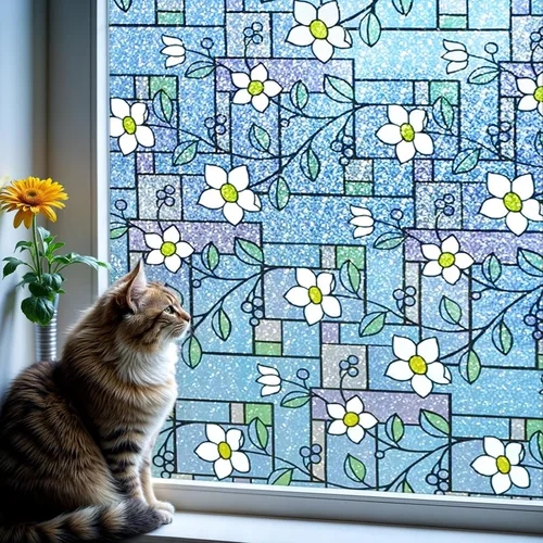 DUOFIRE Película de ventana de vidrieras de color con patrón de flores de privacidad Película de vidrio decorativa sin pegamento Adhesivo anti-UV
