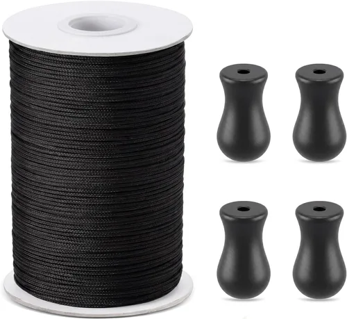 HESTYA 1.8 mm Braided Lift Shade Cord 55 Yards/roll with 4 Pieces Wood Pendant for Aluminum Blind Shade, Gardening Plant and Crafts (Black)