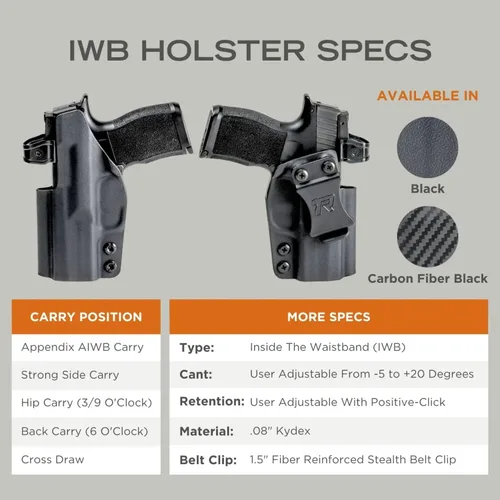 Miniatura 6 de Funda IWB redondeada - Portación oculta en la cintura, fabricada en Estados Unidos, Concealment Express, Kydex negro, lista para ópticos, Compatible
