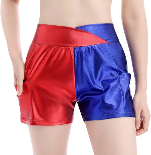 Miniatura 3 de Pantalones cortos de baile brillantes para mujer con frente en V cintura alta para yoga gimnasio fiesta de rave pantalones cortos con bolsillos