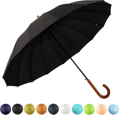 Miniatura 61 de SoulRain Paraguas de palo de 16 varillas de 48 pulgadas, apertura automática, color sólido, moderno y simple, mango de madera clásico de arco