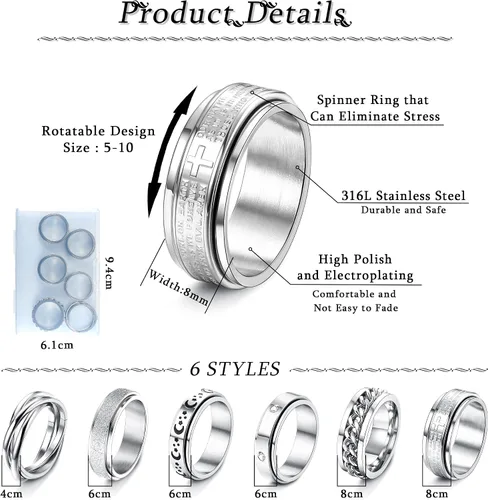 Miniatura 3 de Sanfenly 6 anillos giratorios de acero inoxidable para mujeres y hombres anillos antiansiedad anillo de luna estrella arena acabado explosivo alivio