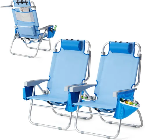 Miniatura 16 de VINGLI Silla de Playa Alta Paquete de 2 Ligera, Silla de Playa Tipo Mochila para Adultos con 5 Posiciones, Bolsa Refrigeradora, Portavasos, Barra
