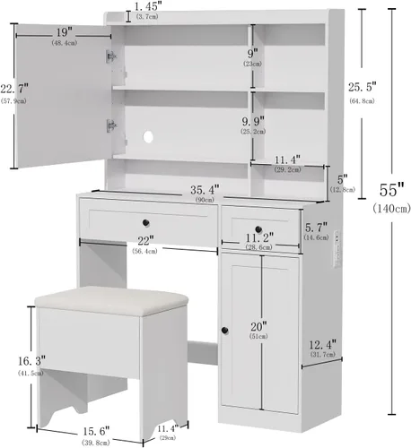 Miniatura 6 de Mesa de tocador con almacenamiento oculto y espejo LED, incluye taburete acolchado, 5 compartimentos, 2 cajones y 1 armario de almacenamiento, ideal