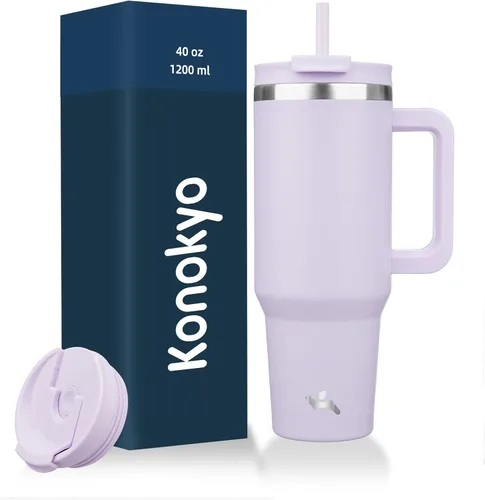 Miniatura 40 de Konokyo - Vaso de 40 onzas con asa y 2 pajillas, botella de agua aislada 2 en 1 con tapa. Taza de viaje de acero inoxidable para café, flores