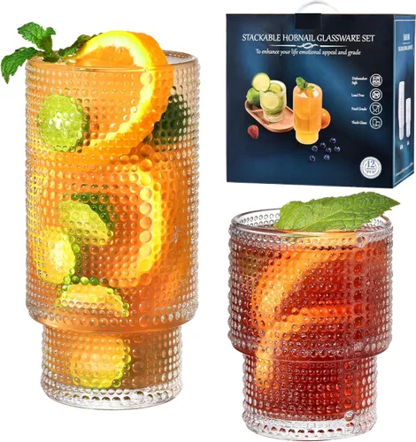 Miniatura 8 de ISMASOAN Juego de 8 vasos de cóctel vintage Hobnail de 14 onzas y 12 onzas, vasos para cocina, cristalería con cuentas, vasos altos para whisky