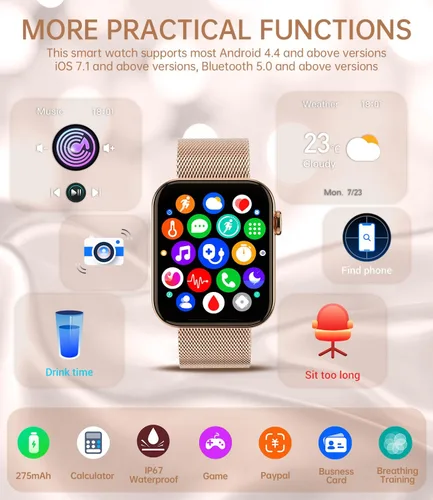 Miniatura 7 de Relojes inteligentes para mujer (respuesta/hacer llamadas) 1.85 pulgadas pantalla táctil reloj de seguimiento de fitness con frecuencia cardíaca