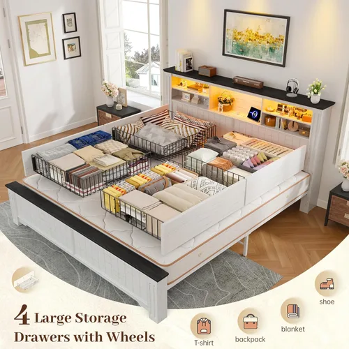 Miniatura 2 de EnHomee Base de cama King y cabecero, marco de cama tamaño King con 4 cajones de almacenamiento, cama King con luces LED y puertos de carga,