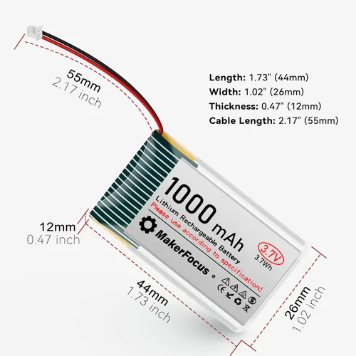 Miniatura 8 de Batería recargable de polímero de litio de 3.7 V 1000 mAh con placa de protección, cinta de goma aislada y enchufe JST 1.25 para placa de desarrollo