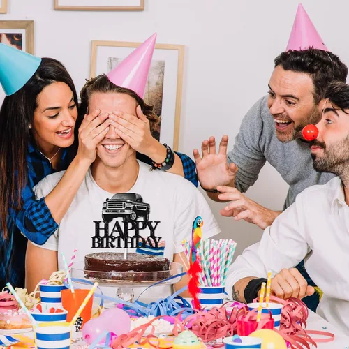 Miniatura 6 de Decoración de pastel de camioneta con temática de feliz cumpleaños, púas de decoración de purpurina negra para adultos, suministros de decoración