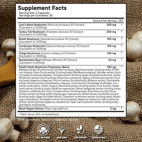 Miniatura 2 de Suplemento de hongos con cola de pavo 2000 mg Reishi 1000 mg Cordyceps Chaga 1000 mg con raíz de malvavisco - 180