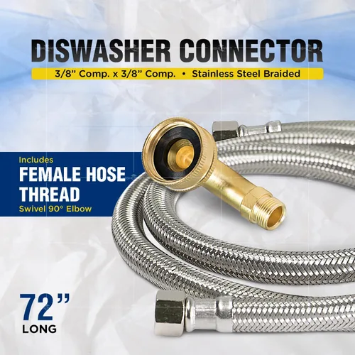 Miniatura 2 de Highcraft CNCT28772-OM Conector, conecta el lavavajillas al agua, línea de suministro Dishwsher con codo giratorio, acero inoxidable trenzado de 72