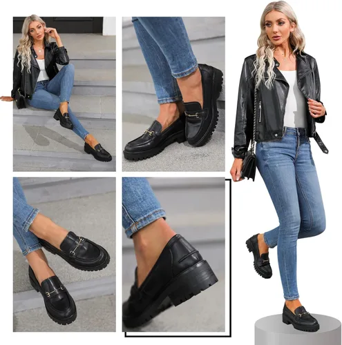 Miniatura 6 de VETASTE Mocasines clásicos de tacón grueso con plataforma y suela de lengüeta para mujer, con puntera redonda, zapatos Oxford con cadena de metal