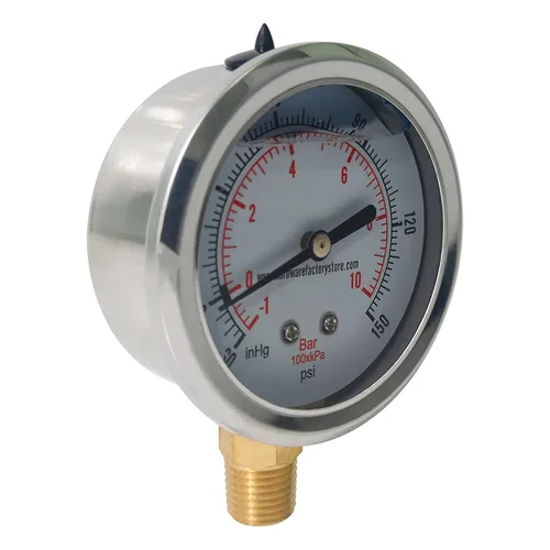 Miniatura 7 de HFS (R) -30inHg-0-150psi Manómetro de vacío relleno de líquido de glicerina, tamaño de dial de 2.5", montaje inferior NPT de 1/4", caja de acero