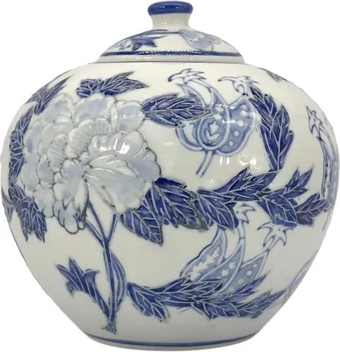 Galt International Tarro chinoiserie floral azul y blanco de 8 pulgadas con tapa decorativa de jengibre tarro centro de mesa de almacenamiento de té